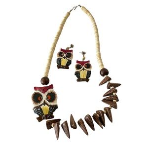 Wood Owl Necklace earring set hand painted Boho